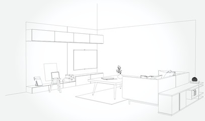 Linear sketch of an interior. Sketch Line dining room . Vector illustration.outline sketch drawing perspective of a interior space