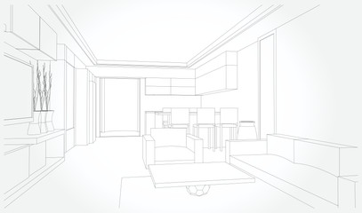 Linear sketch of an interior. Sketch Line dining room . Vector illustration.outline sketch drawing perspective of a interior space