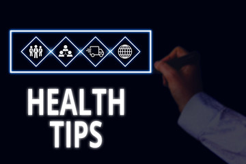 Conceptual hand writing showing Health Tips. Concept meaning advice or information given to be...