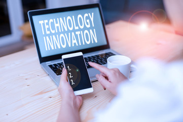 Text sign showing Technology Innovation. Business photo text significant technological changes of products woman laptop computer smartphone mug office supplies technological devices
