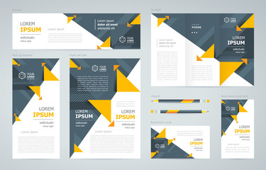 Triangles abstract theme Set flyer cover, tri-fold, banner, roll up banner, business card