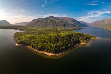 Fototapeta premium Aerial view of the Boulder Peninsula on Lake Frolikha. Northern Baikal region