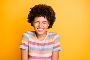 Photo of cheerful cute nice pretty sweet beautiful girl smiling toothily wearing striped t-shirt...