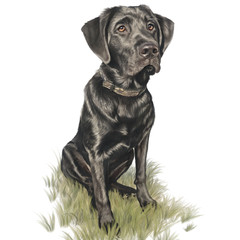 Illustration of the Black Labrador Retriever Dog sitting on the grass. Animal art collection: Dogs. Hand Painted Illustration of Pets. Design template. Good for print on T-shirt, pillow, card
