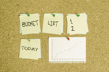 Conceptual hand writing showing Bucket List. Concept meaning a list of the things that a demonstrating would like to do or achieve Corkboard size paper thumbtack sheet billboard notice board