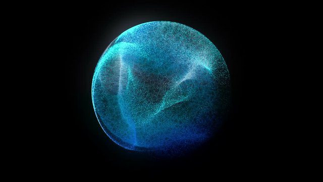Blue particle energy sphere. Abstract technology, science, engineering and artificial intelligence motion background. 3D rendering
