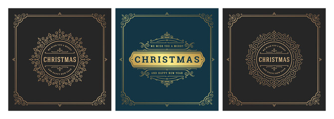 Christmas square banners vintage typographic design, ornate decorations symbols vector illustration