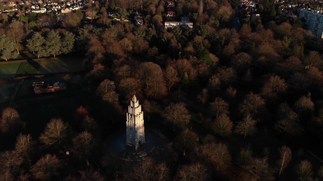 War Monument, Drone Aerial View Panning Up To Coventry City Centre, War Memorial Park Coventry City Of Culture, Sunny Winter day.