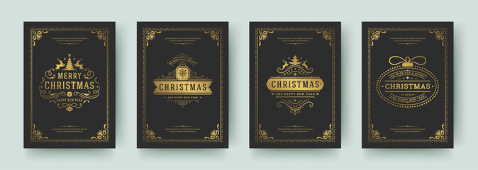 Christmas greeting cards set vintage design, ornate decoration symbols and winter holidays wishes vector illustration