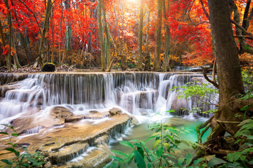 Fototapeta na wymiar Amazing in nature, beautiful waterfall at colorful autumn forest in fall season