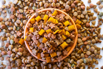 Top view of natural pet food in a clay bowl on white table