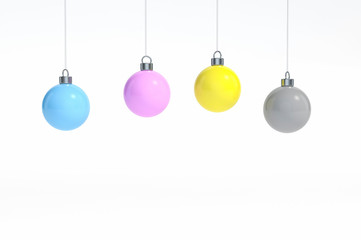 CMYK Color (cyan, magenta, yellow and black) of christmas ball Ornaments hanging on white background 3d rendering. 3d illustration  color space minimal style christmas and happy new year concept.