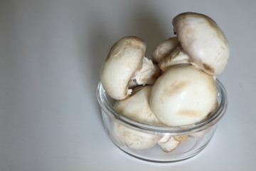 glass bowl with champignons on a white background