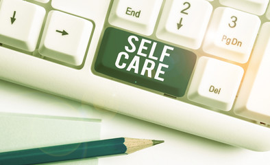 Text sign showing Self Care. Business photo showcasing the practice of taking action to improve one...