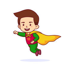 Comic Boy kids flying in superhero costume, cartoon vector illustration