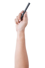 Hand Holding Pen. Writing hand. male hand hold black pen write on the wall isolated on white Background