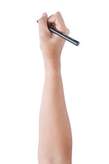 Hand Holding Pen. Writing hand. male hand hold black pen write on the wall isolated on white Background