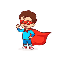 Comic Boy kids in superhero costume wearing mask, cartoon vector illustration