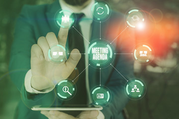 Word writing text Meeting Agenda. Business photo showcasing items that participants hope to...