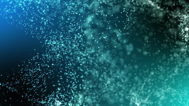 Blue particles cloud changing its shape, with camera changing its aperture - depth of field and focus point.  Abstract technology, engineering and communications motion background. 3D rendering