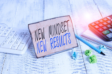 Writing note showing New Mindset New Results. Business concept for obstacles are opportunities to reach achievement Notepaper on wire in between computer keyboard and sheets