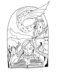 Vecor illustration on white background. The girl with book dreaming about a fairy tale story in the book, wich she reading. Dragon flies around the castle in mountain.