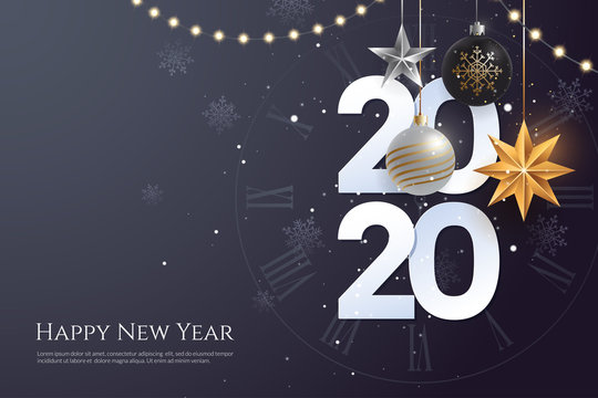 Happy new year 2020 greeting card template with copy space. Hanging Christmas toys and garlands with light bulbs on dark background. Winter Holiday banner concept. Vector eps 10.