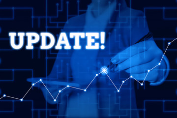 Conceptual hand writing showing UPDATE. Concept meaning make something more modern or up to date like software program Woman wear formal work suit present using smart latest device