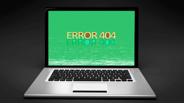 Laptop portable computer , ERROR 404 text with vintage 80s VHS damages lines