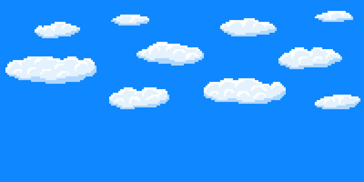 Pixel art game background with blue sky and clouds. 8-bit flat vector illustration.
