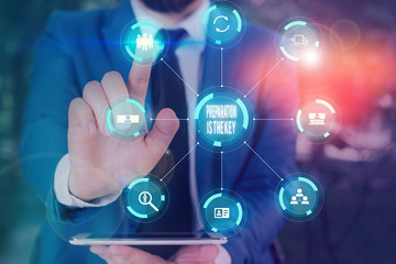 Word writing text Preparation Is The Key. Business photo showcasing it reduces errors and shortens the activities Picture photo system network scheme modern technology smart device