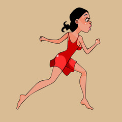 cartoon woman in a short red dress runs