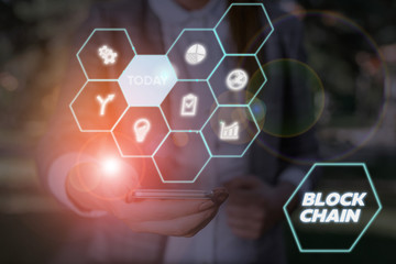 Conceptual hand writing showing Block Chain. Concept meaning system in which a record of...