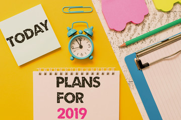 Word writing text Plans For 2019. Business photo showcasing an intention or decision about what one is going to do Notepad clipboard clip sheet marker car sticks alarm clock wood background