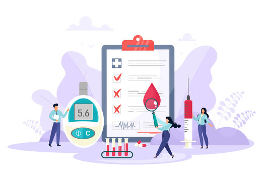 Tiny People, Magnifier, Test Tubes, Blood Glucose Meter, Blood, Doctors, Syringe. Type 2 Diabetes And Insulin Production Concept Vector. Cartoon Flat Style.