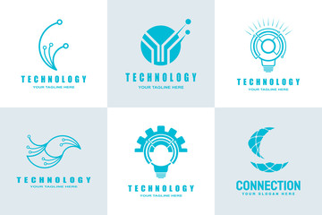 Future digital technology logo template, network, internet, connection, brainstorming ideas, vector art line design, illustration elements
