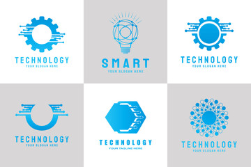 Future digital technology logo template - network, internet, connection, brainstorming, ideas, line art style icons