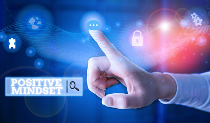 Conceptual hand writing showing Positive Mindset. Concept meaning mental attitude in wich you expect favorable results Picture photo network scheme with modern smart device