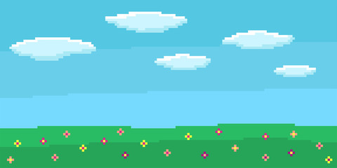 Pixel art game background with blue sky and clouds, green grass with flowers. 8-bit flat vector illustration. 