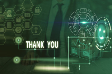 Handwriting text writing Thank You. Conceptual photo a polite expression used when acknowledging a gift or service Picture photo system network scheme modern technology smart device