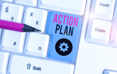 Word writing text Action Plan. Business photo showcasing detailed plan outlining actions needed to reach goals or vision White pc keyboard with empty note paper above white background key copy space