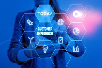 Handwriting text Customer Experience. Conceptual photo product of interaction between organization and buyer Woman wear formal work suit present presentation using smart latest device