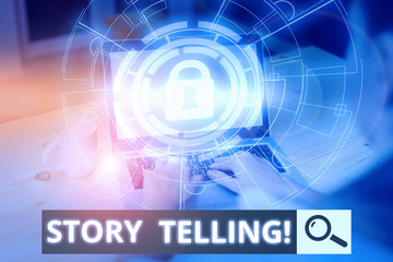 Writing note showing Story Telling. Business concept for activity writing stories for publishing them to public Picture photo network scheme with modern smart device