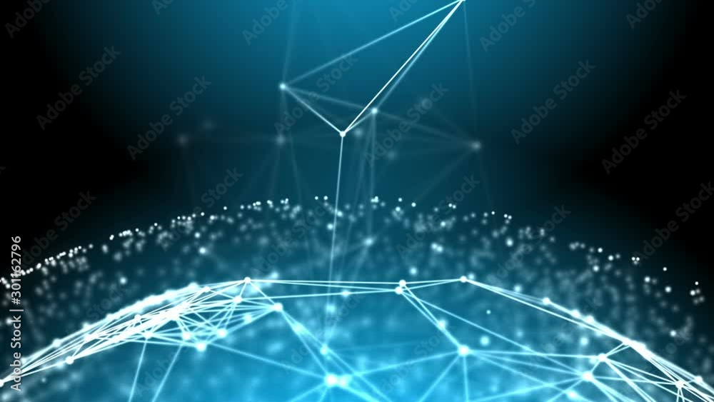 Poster Plexus spherical structure rotating, particles coming out from it. Camera moving forward. Blue abstract technology, engineering and computer motion background. Depth of field settings. 3D rendering