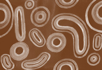 Chocolate brown watercolor background with circles and rings. Raster hand painted illustration.