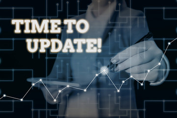 Conceptual hand writing showing Time To Update. Concept meaning act updating something someone or updated version program Woman wear formal work suit present using smart latest device