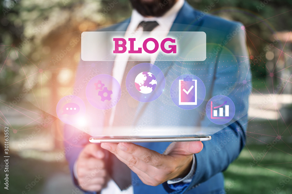 Poster writing note showing blogquestion. business concept for regularly updated website web page run by in