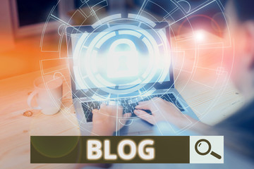 Writing note showing Blogquestion. Business concept for regularly updated website web page run by individual Picture photo network scheme with modern smart device