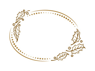 Vector horisontal oval dotted frame with Christmas holly decoration.
