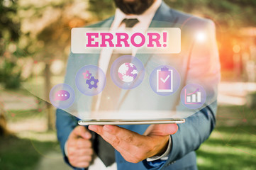 Writing note showing Error. Business concept for state or condition of being wrong in conduct...